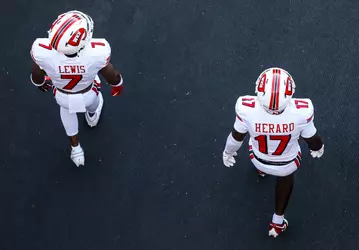 File photo featuring safety Jaylen Lewis and safety Dave Herard walking on the field during the 2025 season.