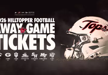 Graphic announcing WKU Football 2026 away game tickets are on sale now. For more information, visit WKUTickets.com or call the WKU Ticket Office at 1-800-5-BIGRED.