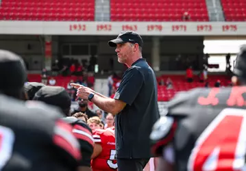 WKU Football Head Coach Tyson Helton speaks with the team after a 2026 spring practice.