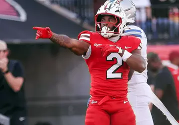 WKU Football wide receiver K.D. Hutchinson celebrates a first down during a 2025 game against Middle Tennessee at Houchens-Smith Stadium.