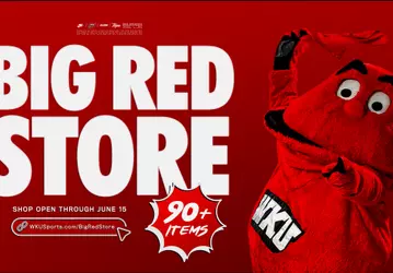 A graphic announcing the Big Red Store, which contains 90+ items and is open until June 15