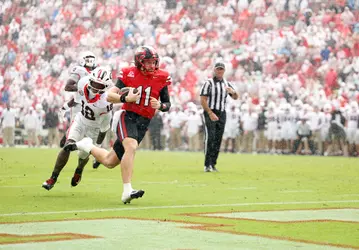 WKU Football quarterback Brock Glenn runs for a touchdown against No. 2 Georgia on Saturday, Sept. 12, 2026, at Sanford Stadium in Athens, Georgia.