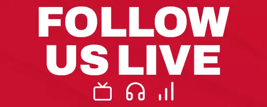 Text: Follow Us Live with icons for TV, headphones and stats