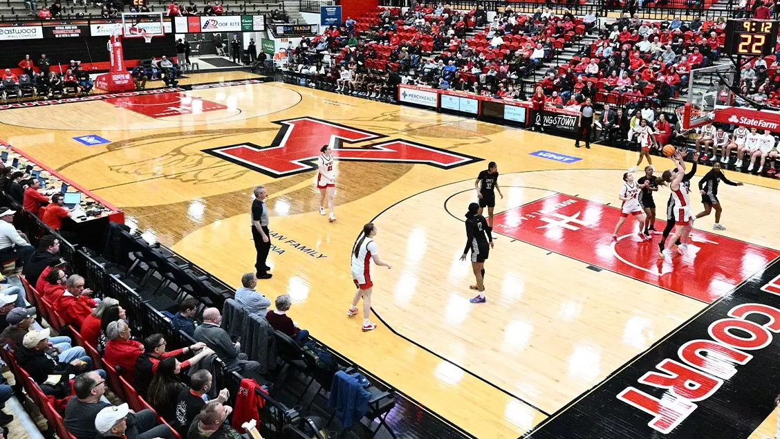 Wide angle and elevated view of Rosselli Court inside Zidian Family Arena at Beeghly Center during the YSU women's basketball game against UMES on March 24, 2026.