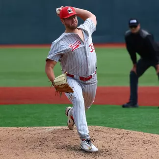 Braden Gebhardt delivers a pitch for YSU during a baseball game at Wright State on May 14, 2026 (Photo by Bryson Chavez)