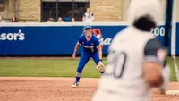 Claira Skaggs plays first base against Arkansas