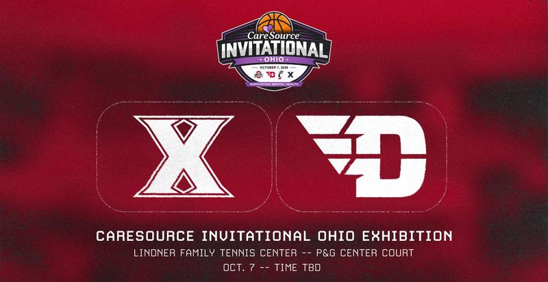 Graphic promoting the CareSource Invitational Ohio exhibition basketball game. The CareSource Invitational Ohio logo appears at the top with the date, October 7, 2026, and the tagline "Supporting Mental Health." Large Xavier and Dayton logos are displayed side by side in the center. Text below reads