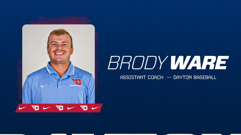 A navy blue graphic with Brody Ware's headshot. The text is white and reads: "Brody Ware Assistant Coach -- Dayton Baseball."
