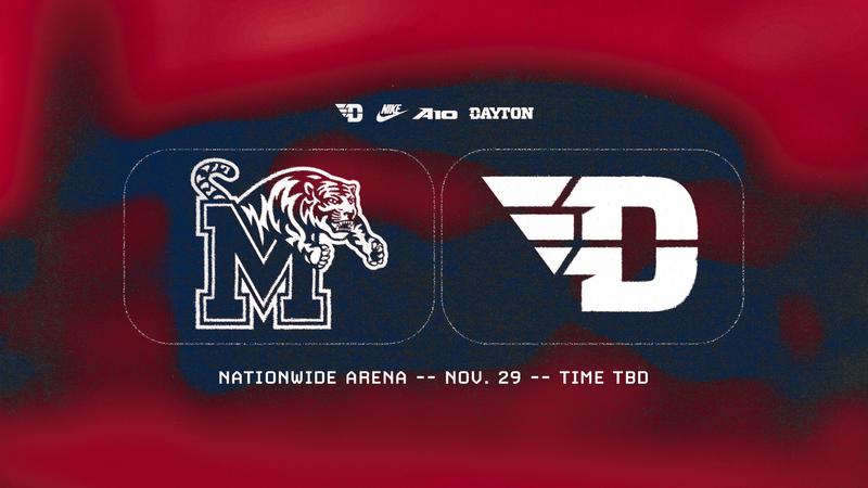 Graphic announcing a men's basketball matchup between the University of Dayton Flyers and the University of Memphis Tigers. The Memphis "M" logo with a tiger appears on the left, and the Dayton "D" logo appears on the right against a red and navy abstract background. Text at the top displays the Day