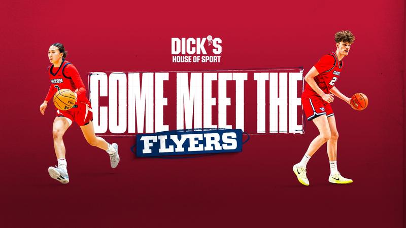 Graphic of two Dayton basketball players announcing the UD basketball teams meet and greet at Dick's House of Sports
