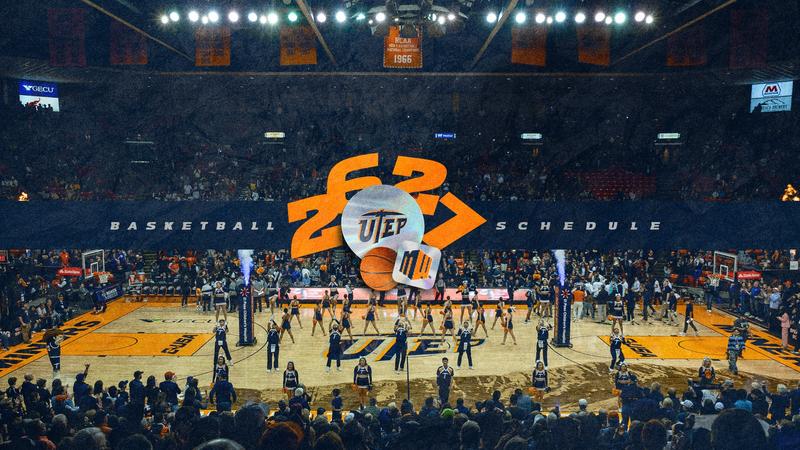 Official UTEP Men's Basketball 2026-27 schedule promotional graphic.