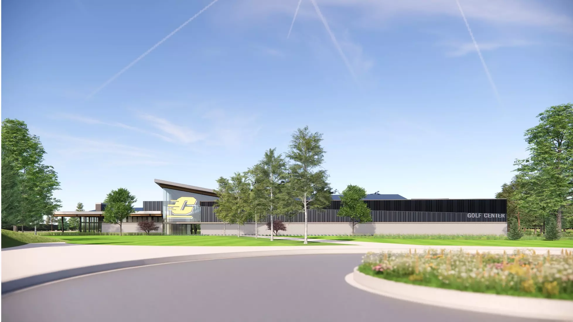 Renderings of the new on-campus Central Michigan Indoor/Outdoor Golf Facility