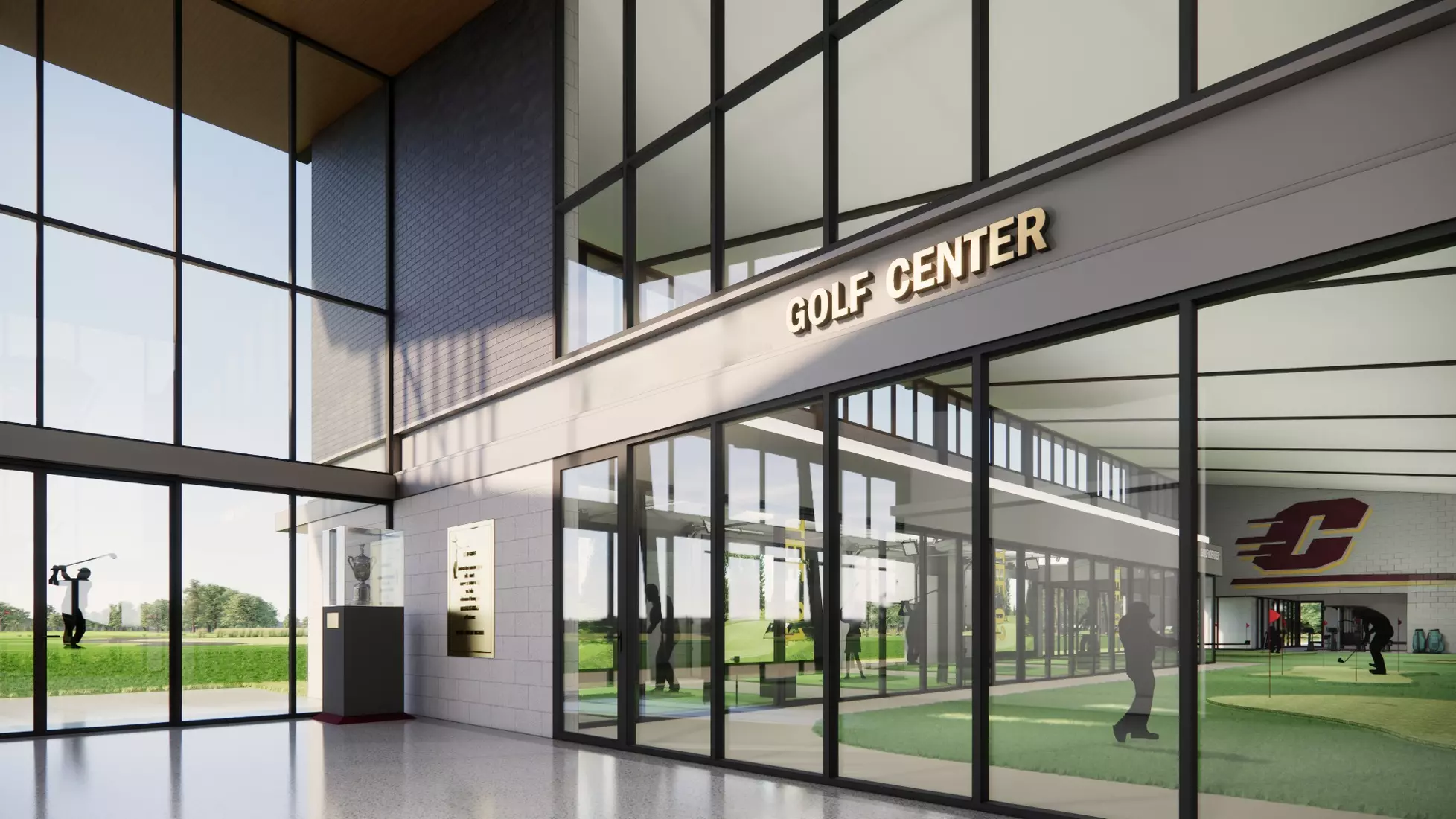 Renderings of the new on-campus Central Michigan Indoor/Outdoor Golf Facility