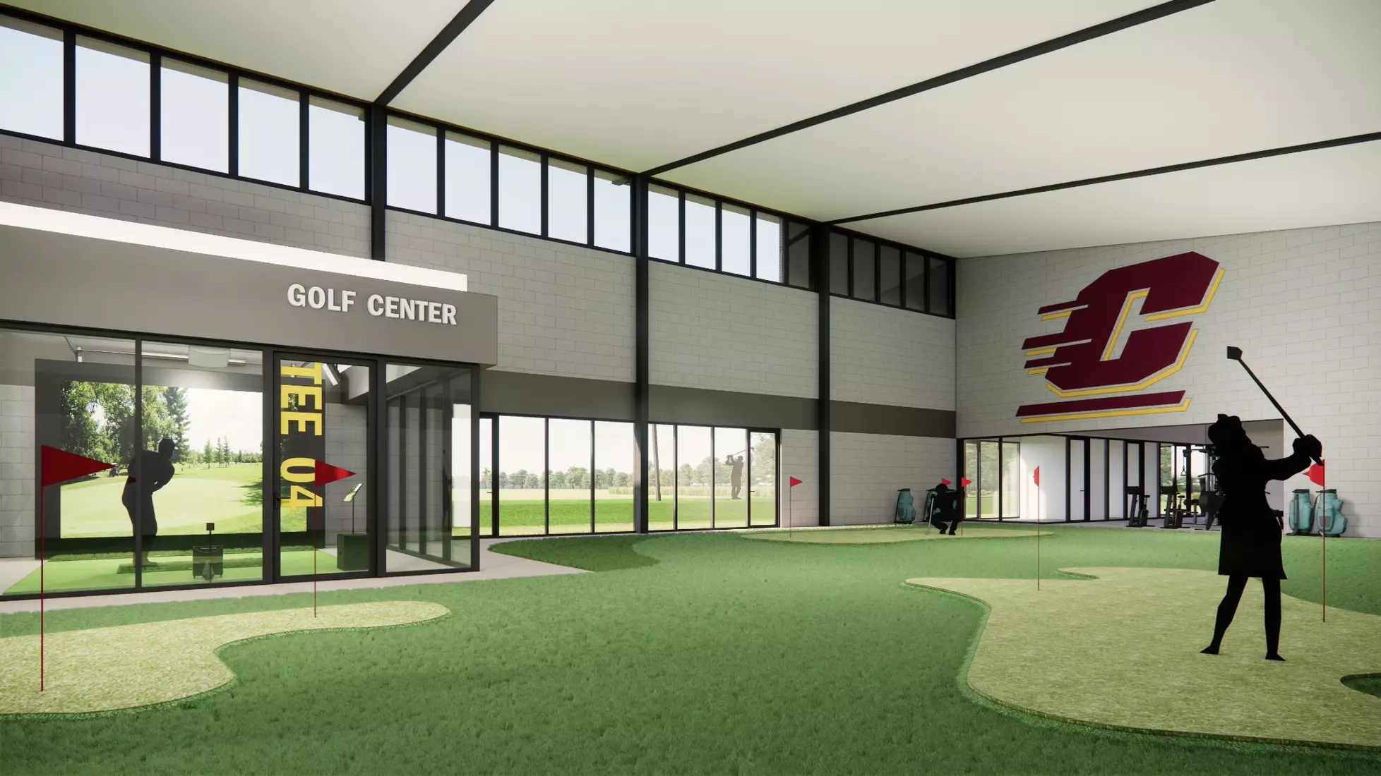 Renderings of the new on-campus Central Michigan Indoor/Outdoor Golf Facility
