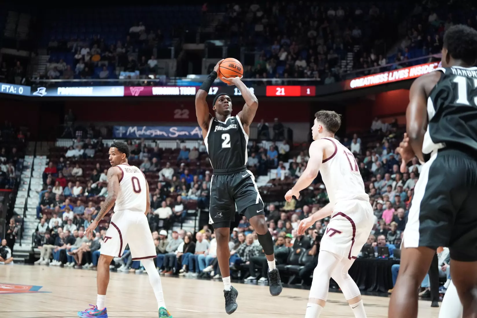 Jaylin Sellers attempts a jumpshot in the pain against Virginia Tech at Mohegan Sun on Nov. 8. 