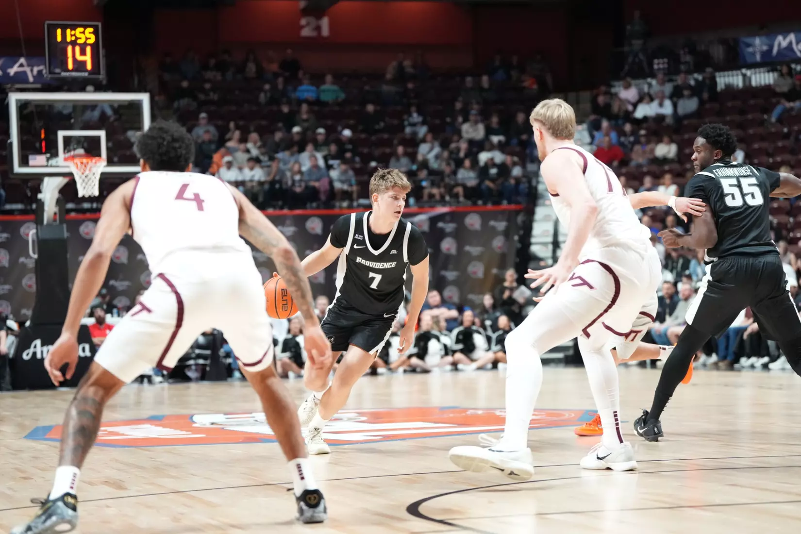 Stefan Vaaks drives to the hoop against Virginia Tech at Mohegan Sun on Nov. 8. 