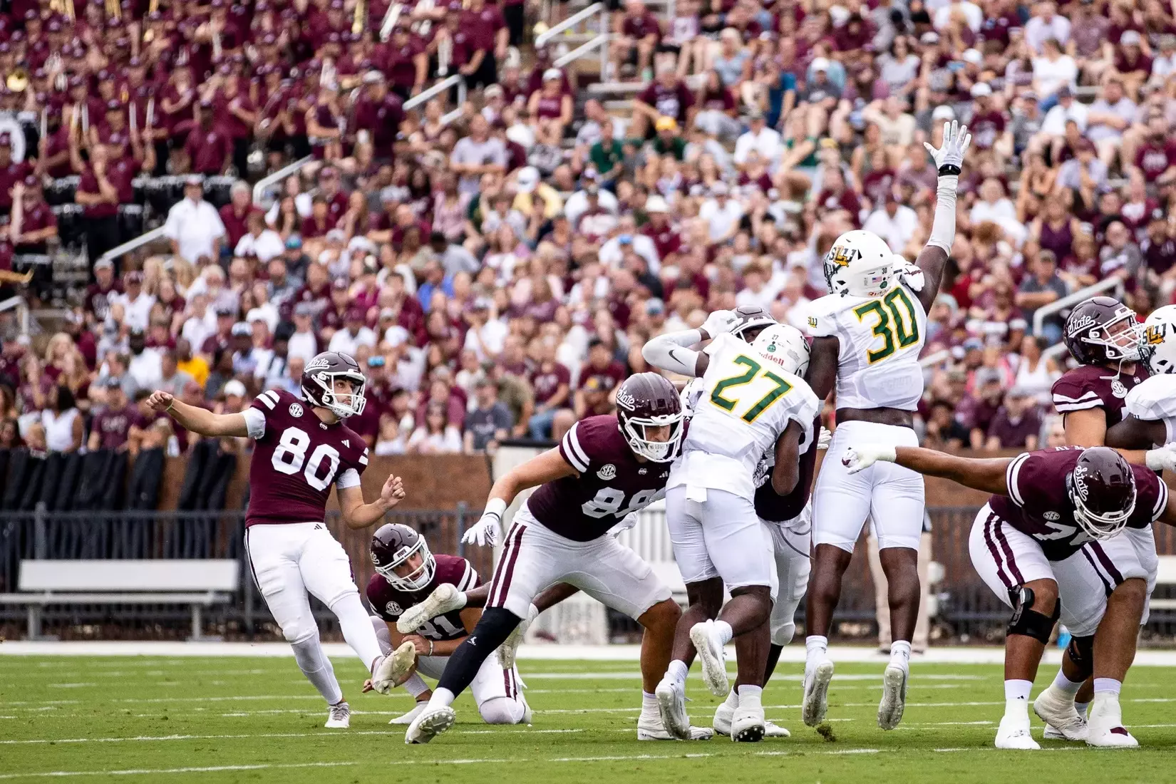 STARKVILLE, MS - September 02, 2023 - Mississippi State Kicker Kyle Ferrie (#80) during the game between the Southeastern Louisiana Lions and the Mississippi State Bulldogs at Davis Wade Stadium at Scott Field in Starkville, MS. Photo By Mike Mattina