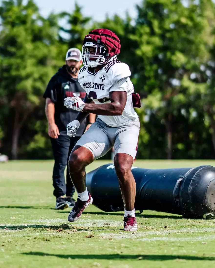 STARKVILLE, MS - August 15, 2024 - Mississippi State Linebacker Fred Clark (#0) during a training camp practice at the Leo Seal Jr. Football Complex at Mississippi State University in Starkville, MS. Photo By Natalie Clark