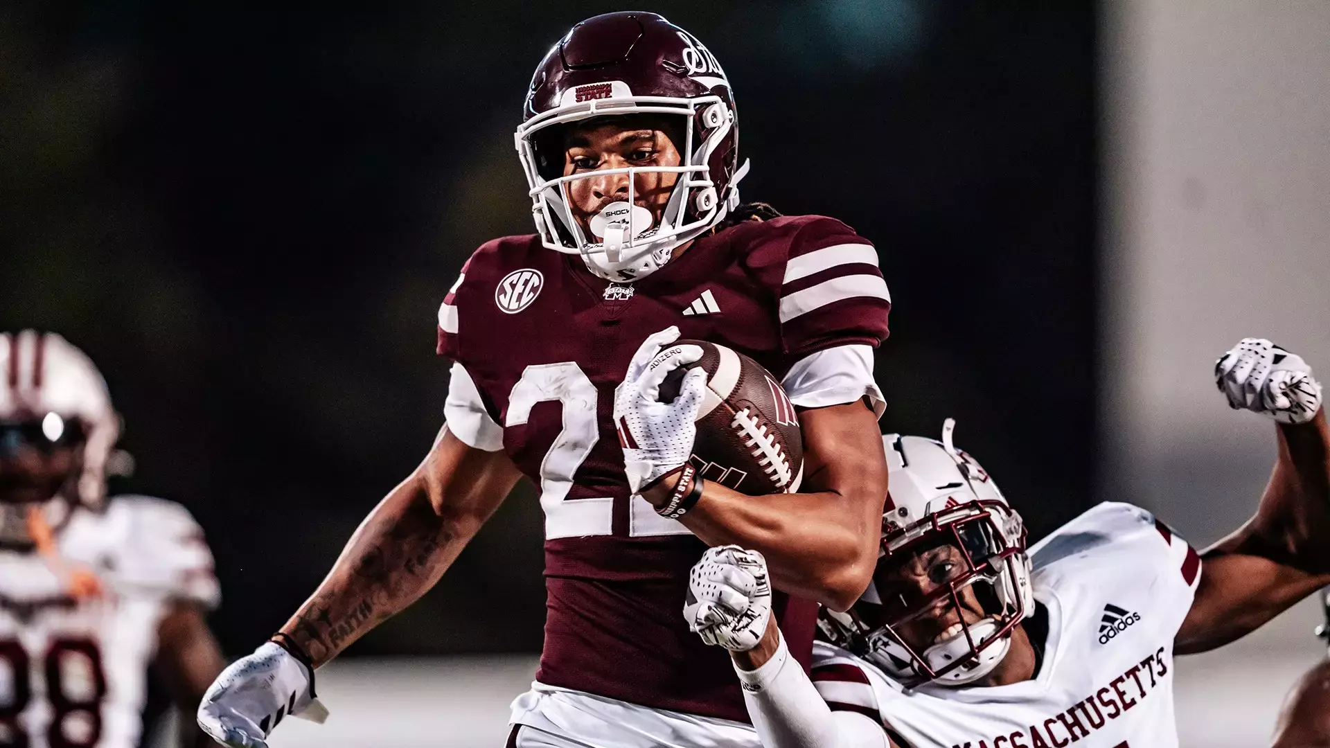 STARKVILLE, MS - November 02, 2024 - Mississippi State Running Back Xavier Gayten (#22) during the game between the UMass Minute Men and the Mississippi State Bulldogs at Davis Wade Stadium at Scott Field in Starkville, MS. Photo By Natalie Clark