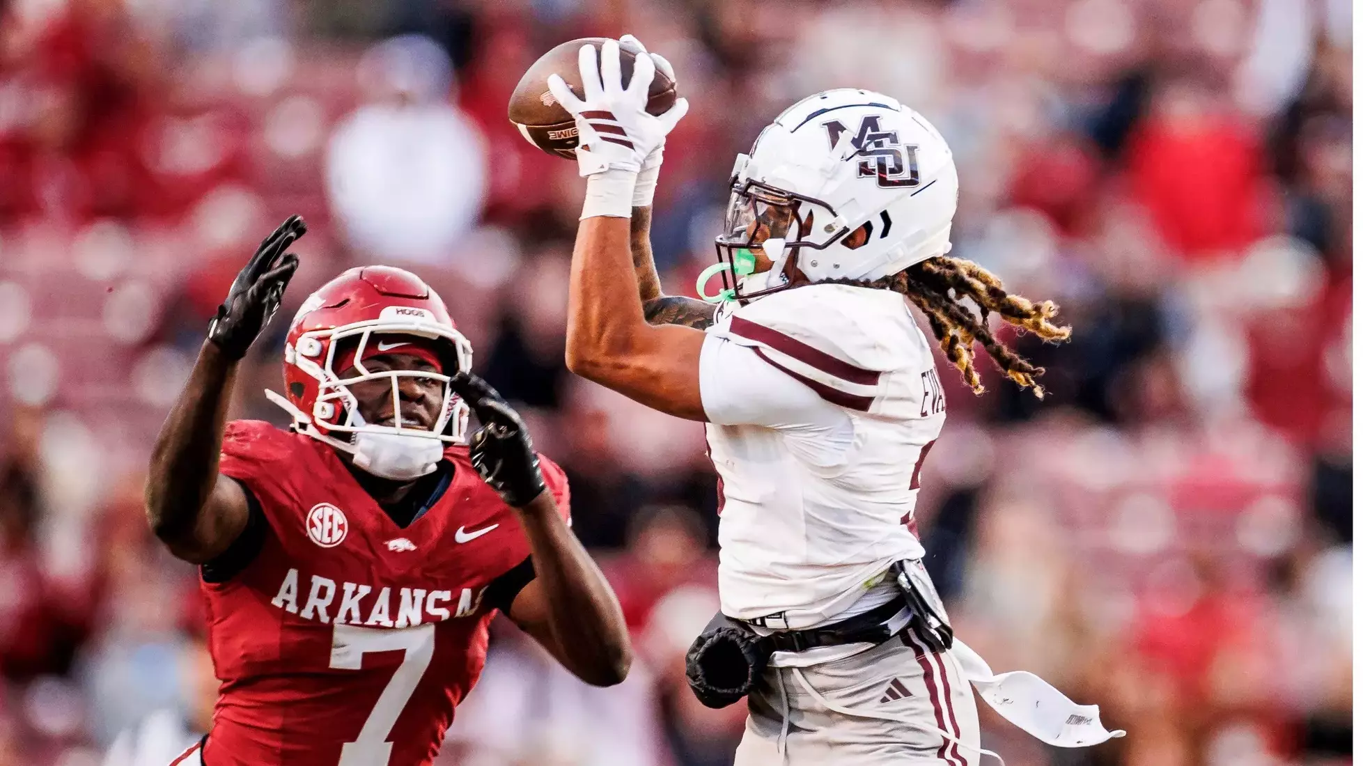 FAYETTEVILLE, AR - November 01, 2025 - Mississippi State Wide Receiver Anthony Evans III (#3) during the game between the Arkansas Razorbacks and the Mississippi State Bulldogs at Donald W. Reynolds Razorback Stadium in Fayetteville, AR. Photo By Mike Mattina