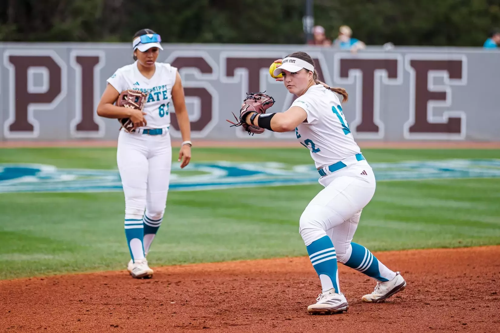 STARKVILLE, MS - March 30, 2025 - Mississippi State Catcher Paige Ernstes (#12) during the game between the Texas Longhorns and the Mississippi State Bulldogs at Nusz Park in Starkville, MS. Photo By Ivy Rose Ball