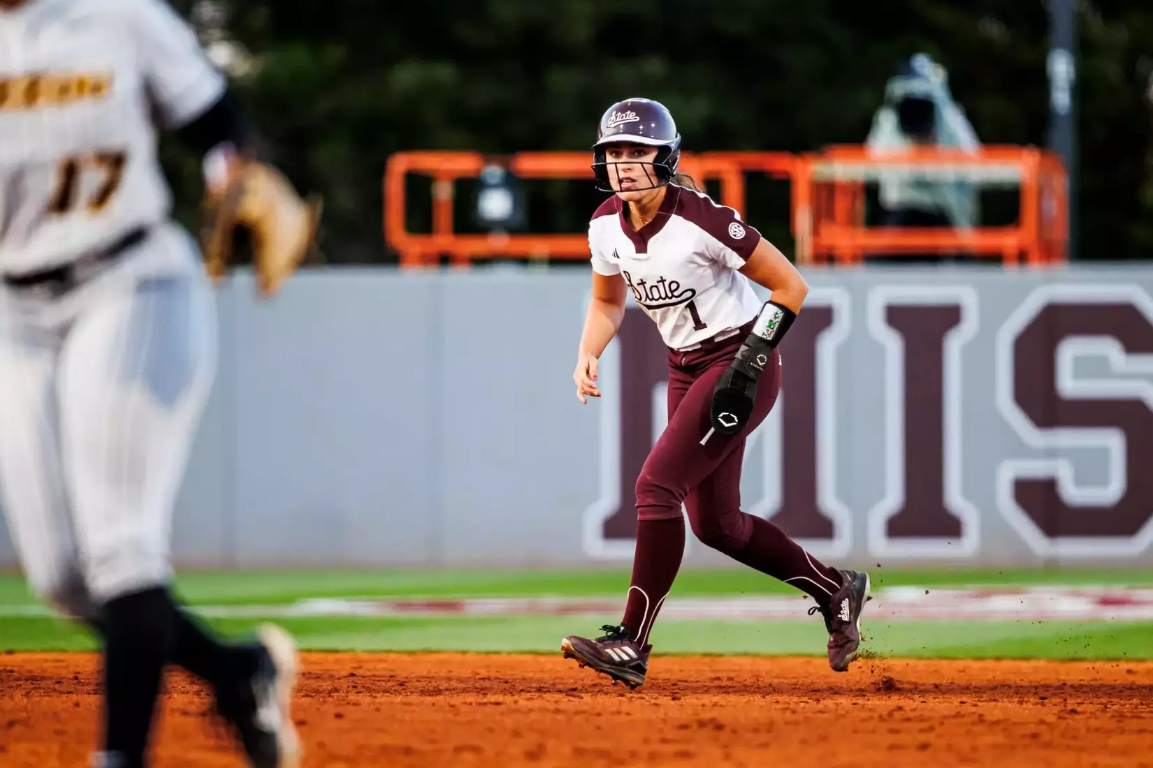 STARKVILLE, MS - April 11, 2025 - Mississippi State Outfielder/Pitcher Gretta Grassel (#1) during the game between the Missouri Tigers and the Mississippi State Bulldogs at Nusz Park in Starkville, MS. Photo By Mike Mattina
