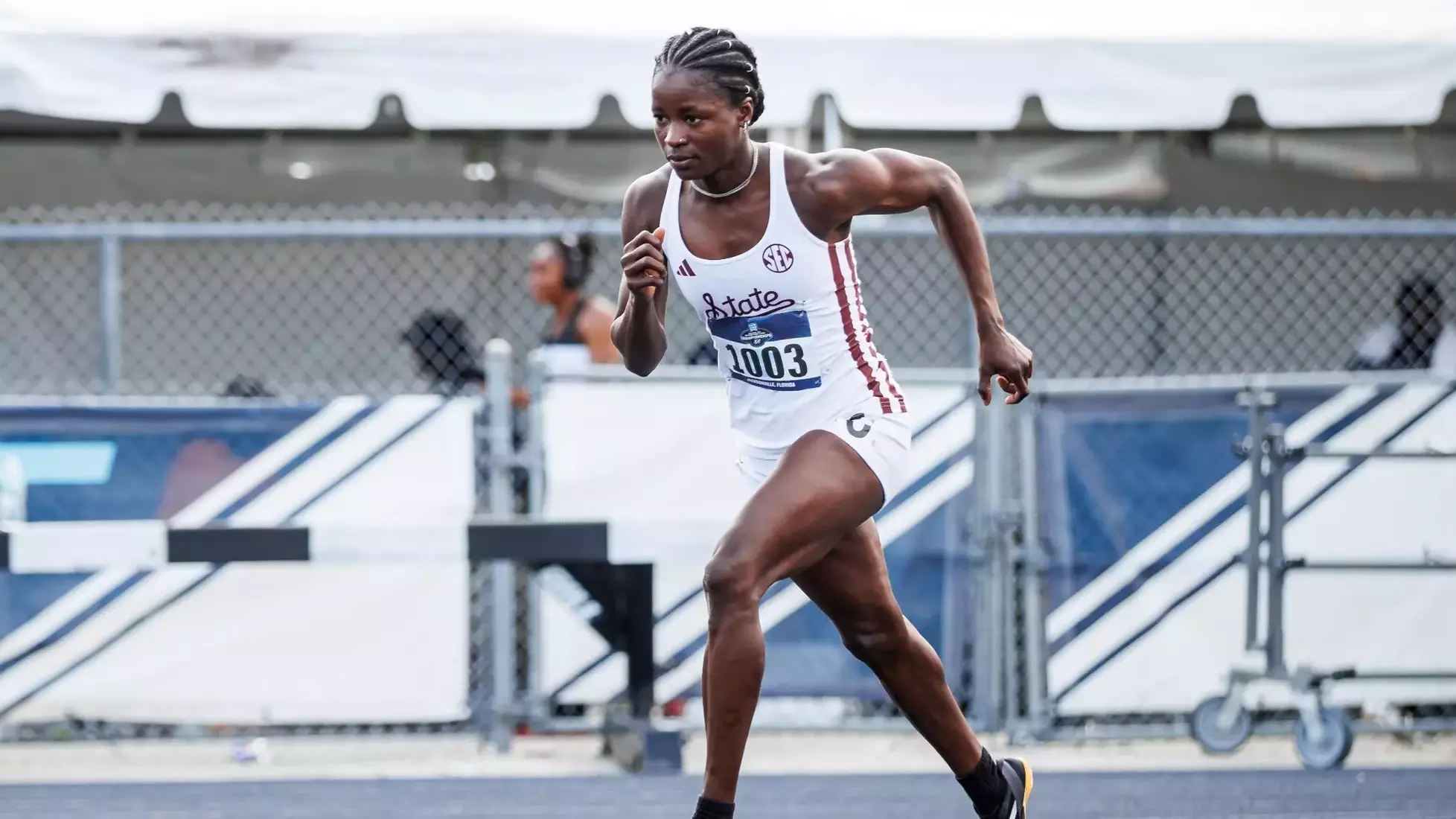 JACKSONVILLE, FL - May 31, 2025 - Mississippi State Middle Distance Runner Ramat Jimoh during NCAA East First Round at Hodges Stadium in Jacksonville, FL. Photo By Hallie Walker