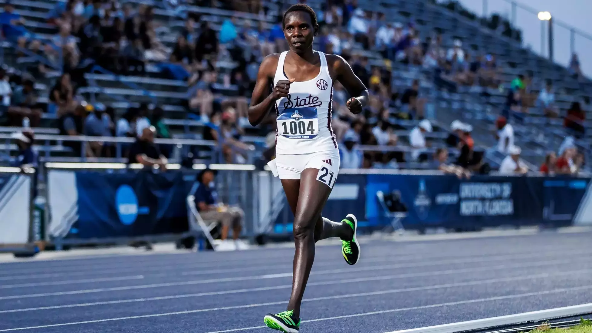 JACKSONVILLE, FL - May 31, 2025 - Mississippi State Distance Runner Milicent Kemboi during NCAA East First Round at Hodges Stadium in Jacksonville, FL. Photo By Hallie Walker