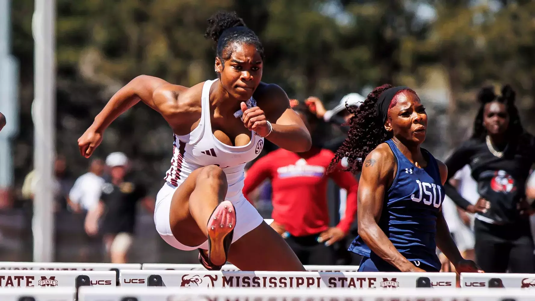STARKVILLE, MS - March 22, 2025 - Mississippi State Sprinter/Hurdler Jaden Billings during the Alumni Bulldog Relays at the Mike Sanders Track Complex in Starkville, MS. Photo By Mike Mattina