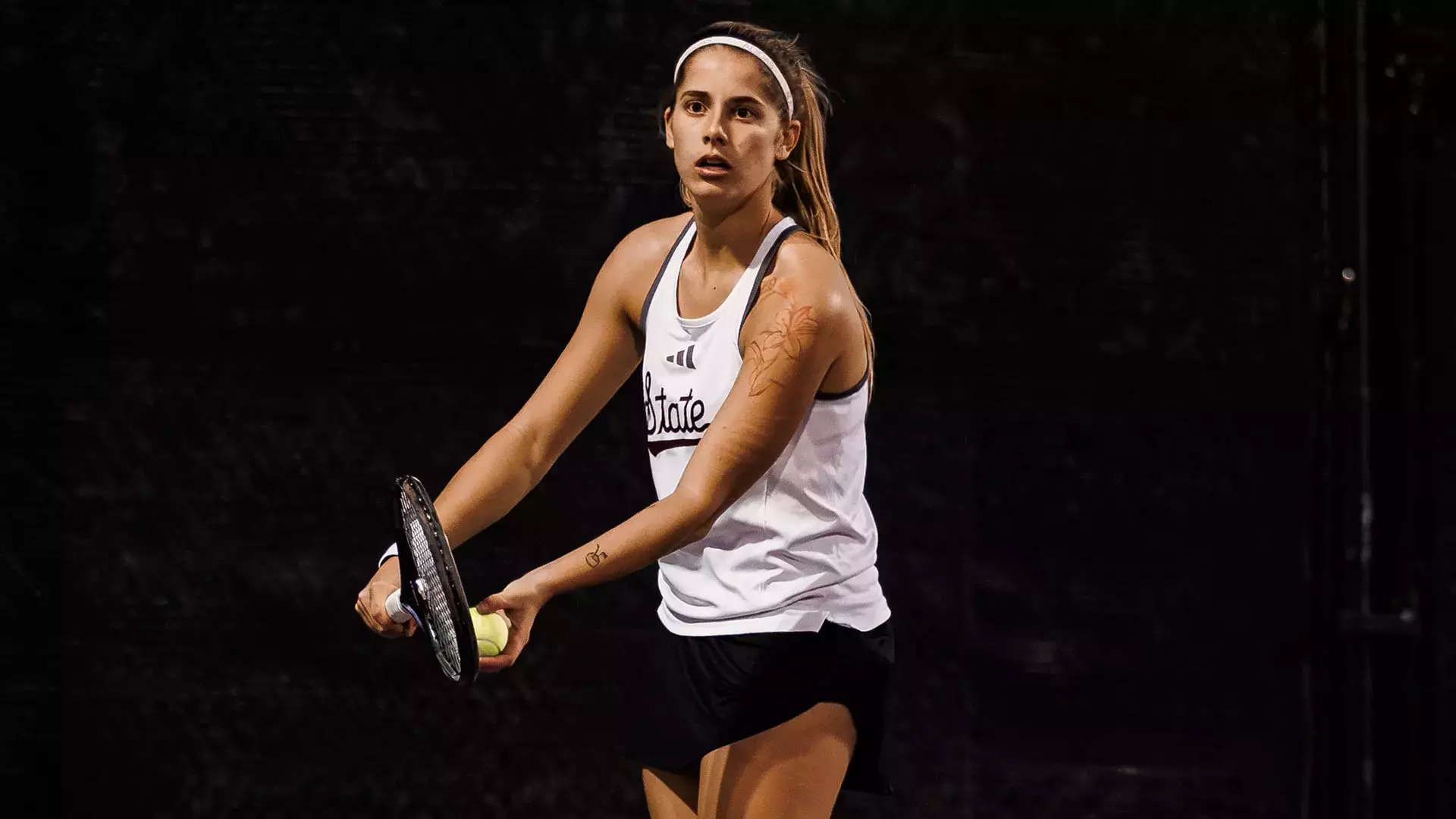 STARKVILLE, MS - February 8, 2026 - Mississippi State's Carolina Troiano during the match between the Bellarmine Knights and the Mississippi State Bulldogs at the AJ Pitts Tennis Centre in Starkville, MS. Photo By Jordan Madrid