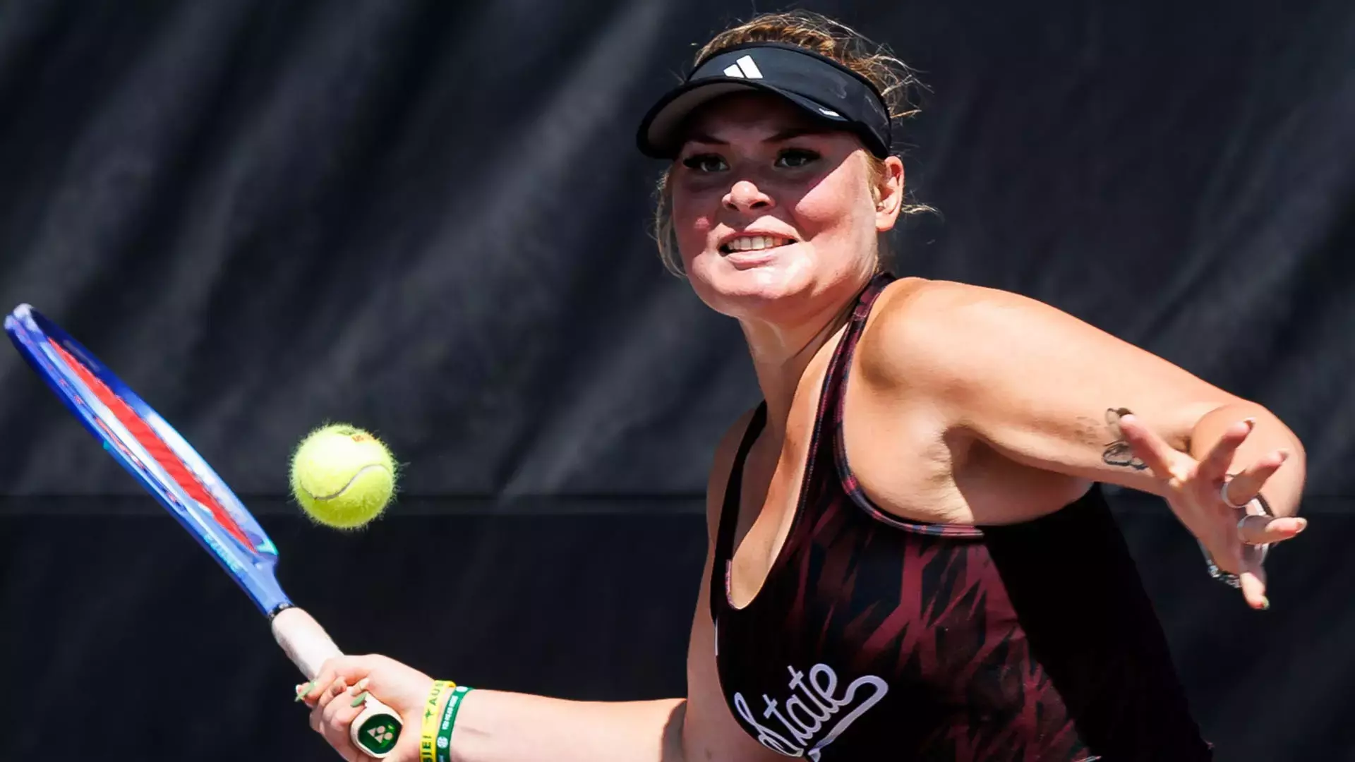 STARKVILLE, MS - March 21, 2026 - Mississippi State's Charlotte Kempenaers-Pocz during the match between the Arkansas Razorbacks and the Mississippi State Bulldogs at the AJ Pitts Tennis Centre in Starkville, MS. Photo By Will Porada