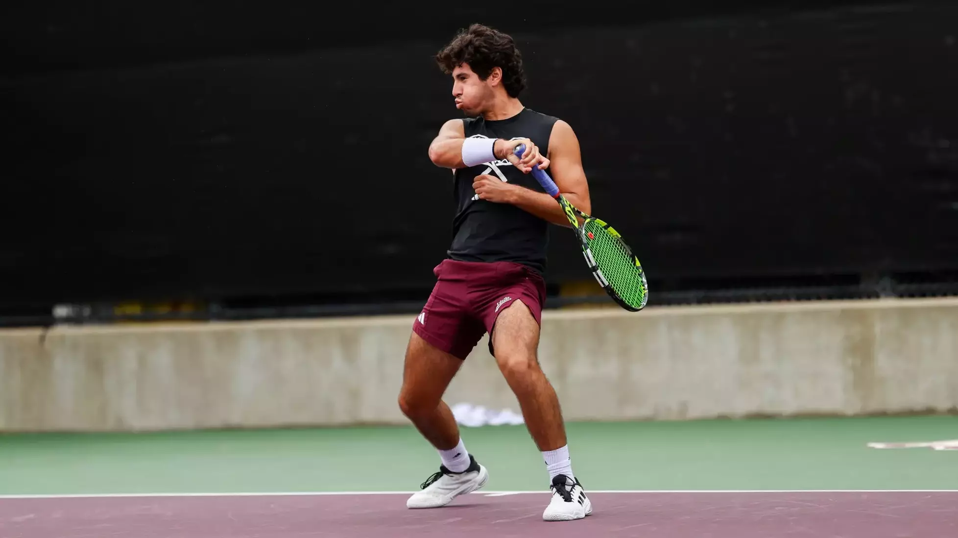 COLLEGE STATION, TX - April 18, 2026 - Mississippi State's Roberto Ferrer Guimaraes during the 2026 SEC Tournament match between the LSU Tigers and the Mississippi State Bulldogs at the Mitchell Tennis Centre in College Station, TX. Photo By Mario Terrana