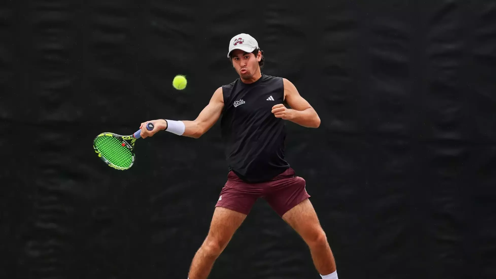 COLLEGE STATION, TX - April 18, 2026 - Mississippi State's Roberto Ferrer Guimaraes during the 2026 SEC Tournament match between the LSU Tigers and the Mississippi State Bulldogs at the Mitchell Tennis Centre in College Station, TX. Photo By Mario Terrana