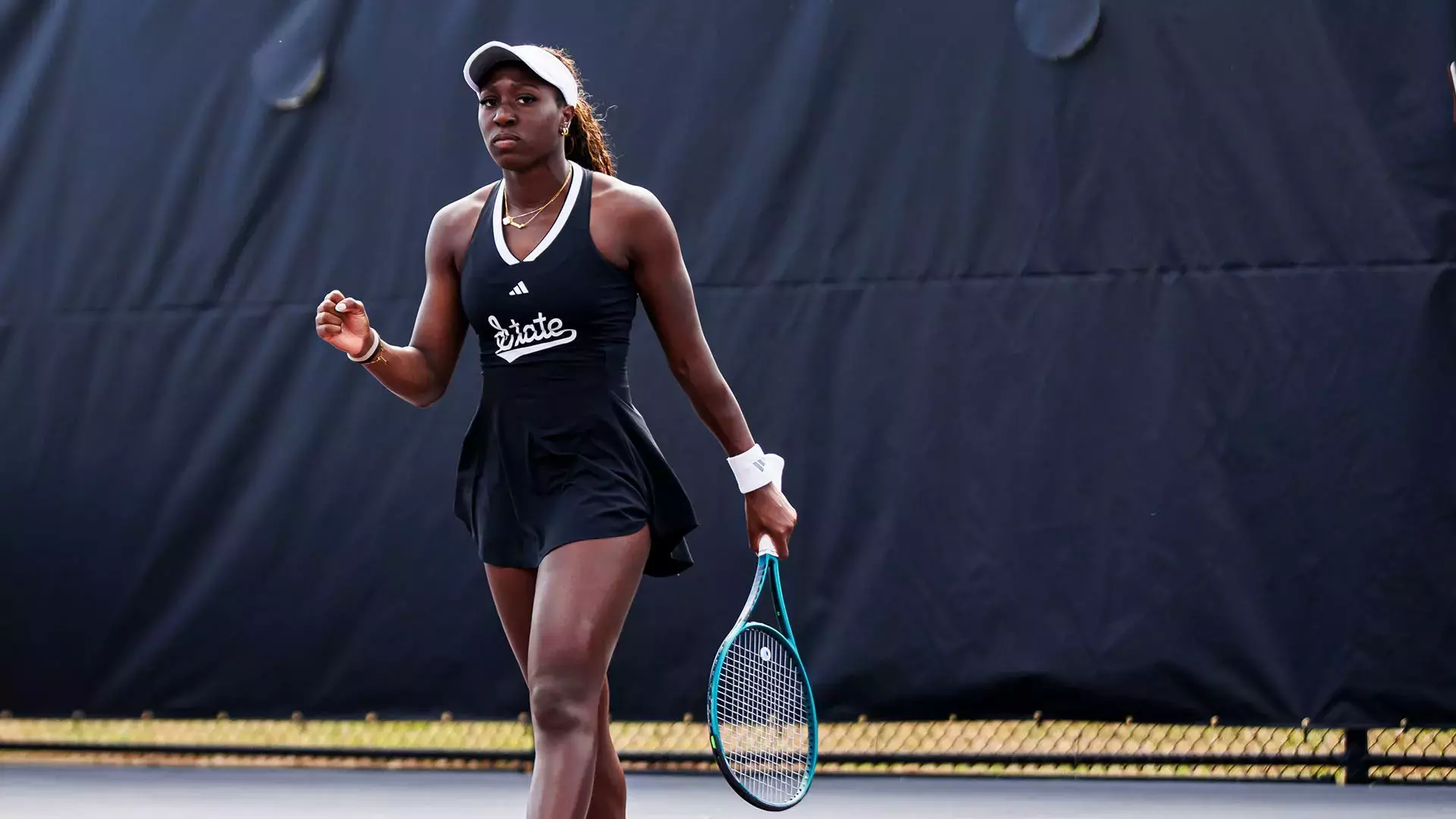 STARKVILLE, MS - March 15, 2026 - Mississippi State's Gianna Oboniye during the match between the Missouri Tigers and the Mississippi State Bulldogs at the AJ Pitts Tennis Centre in Starkville, MS. Photo By Ivy Rose Ball
