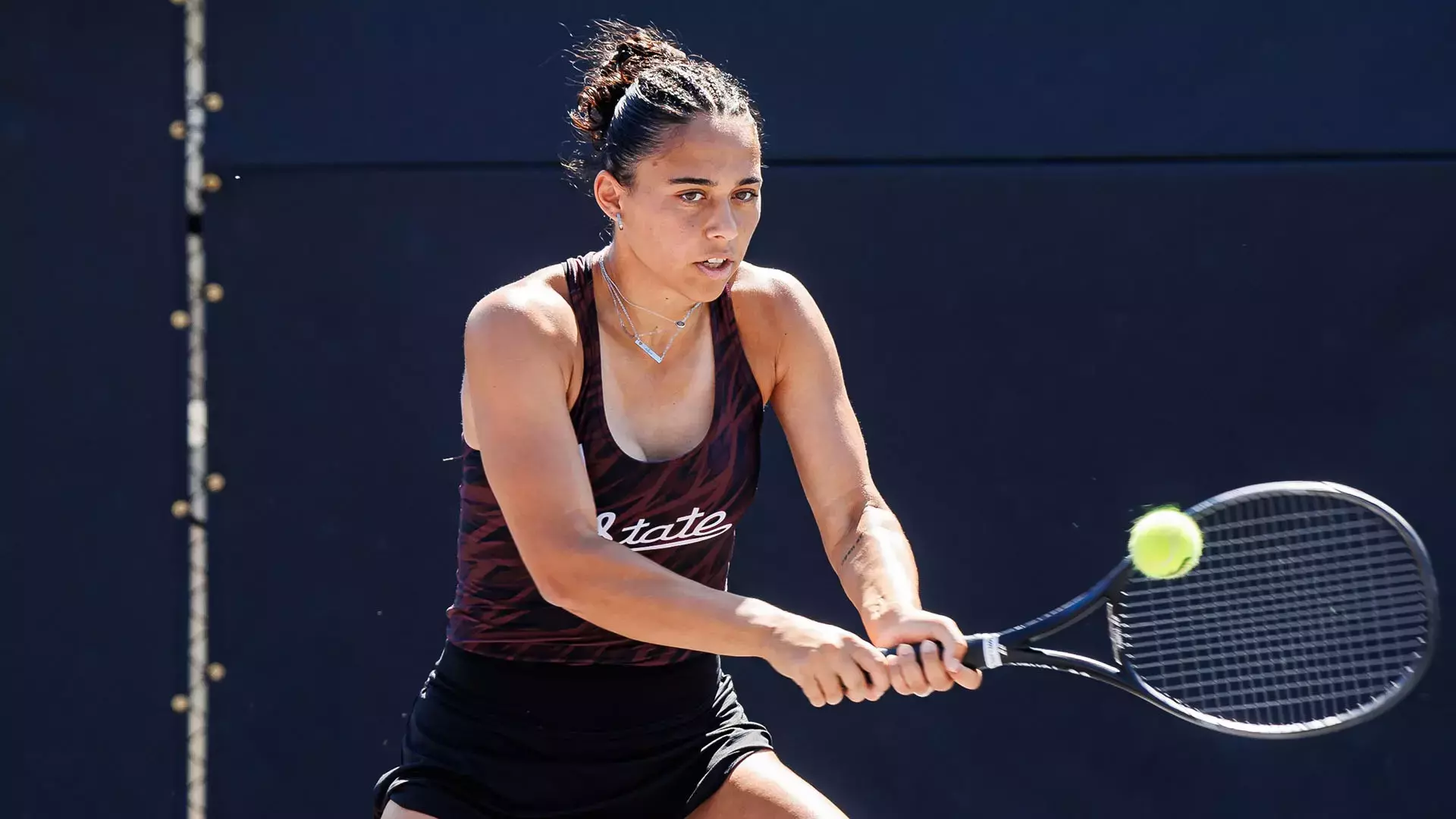 STARKVILLE, MS - March 21, 2026 - Mississippi State's Athina Pitta during the match between the Arkansas Razorbacks and the Mississippi State Bulldogs at the AJ Pitts Tennis Centre in Starkville, MS. Photo By Will Porada