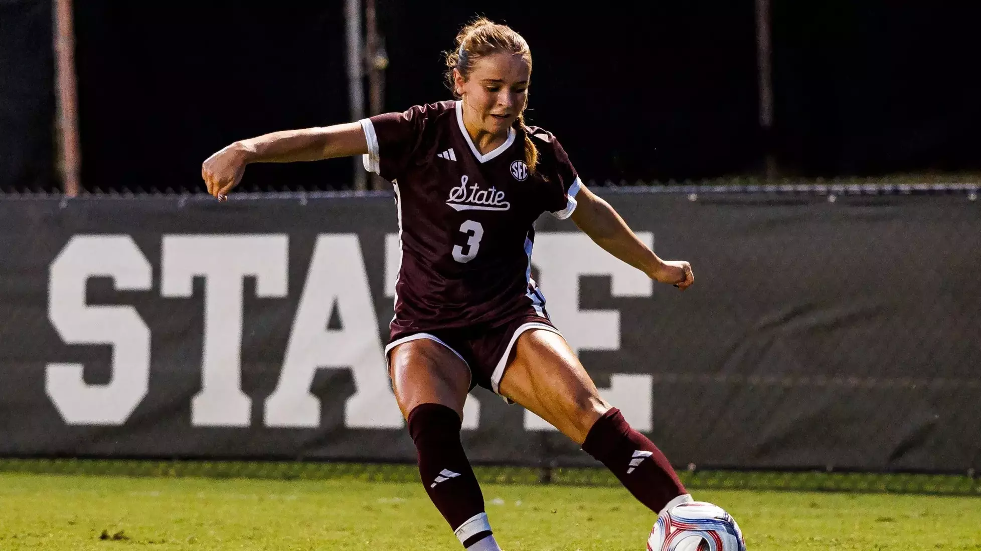 STARKVILLE, MS - August 05, 2026 - Mississippi State Defender Lucy Crook (#3) during the match between the Memphis Tigers and the Mississippi State Bulldogs at the MSU Soccer Field in Starkville, MS. Photo By Mike Mattina