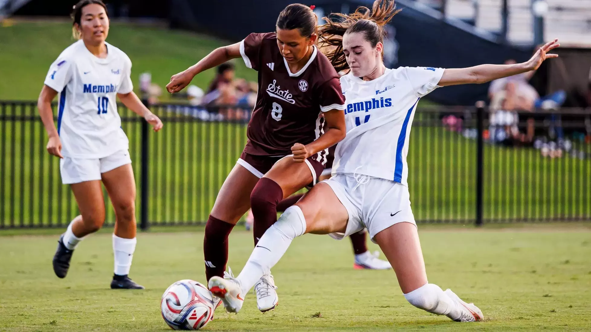 STARKVILLE, MS - August 05, 2026 - Mississippi State Forward Rebeka Vega (#8) during the match between the Memphis Tigers and the Mississippi State Bulldogs at the MSU Soccer Field in Starkville, MS. Photo By Mike Mattina