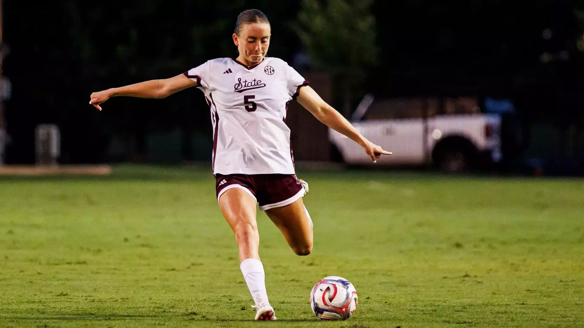STARKVILLE, MS - August 08, 2026 - Mississippi State Defender/Midfielder Reese Wheeler (#5) during the match between the Southeastern Louisiana Lions and the Mississippi State Bulldogs at the MSU Soccer Field in Starkville, MS. Photo By Mike Mattina