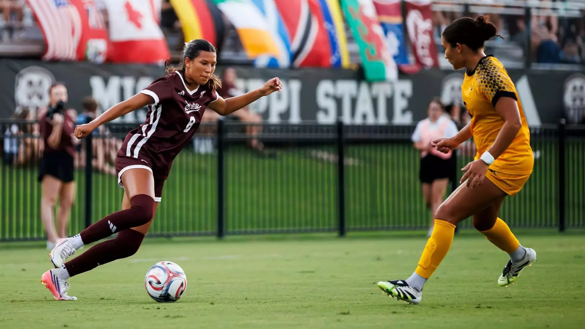 STARKVILLE, MS - August 23, 2026 - Mississippi State Forward Rebeka Vega (#8) during the match between the Southern Miss Golden Eagles and the Mississippi State Bulldogs at the MSU Soccer Field in Starkville, MS. Photo By Marlon Yates