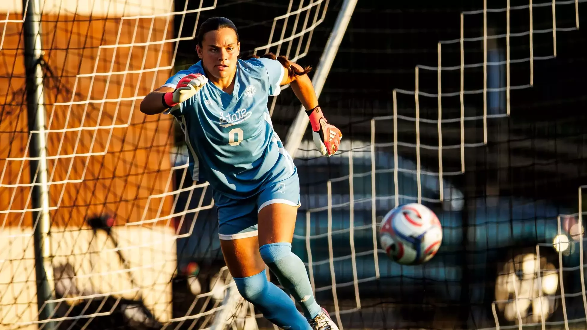 STARKVILLE, MS - August 27, 2026 - Mississippi State Goal Keeper Jenny Harrison (#0) during the match between the Oklahoma State Cowgirls and the Mississippi State Bulldogs at the MSU Soccer Field in Starkville, MS. Photo By Mike Mattina