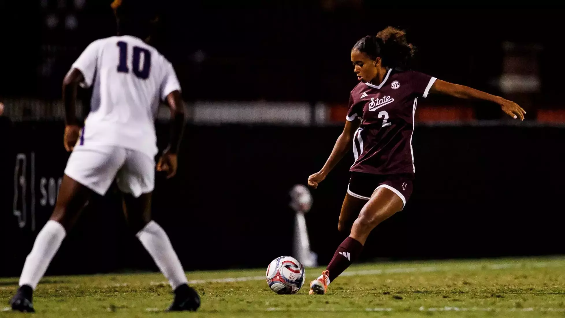STARKVILLE, MS - August 30, 2026 - Mississippi State Defender Teagan Scarlett (#2) during the match between the Alcorn State Lady Braves and the Mississippi State Bulldogs at the MSU Soccer Field in Starkville, MS. Photo By Mike Mattina
