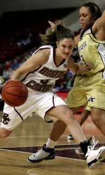 Junior Sarah Marshall attempts to drive to the basket against Georgia Tech's Stephanie Higgs.