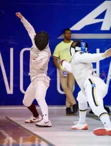 Boston College's Justin Herman competes against Notre Dame's Hazem Khazbak with the foil during the 2018 ACC Fencing Championships in Chapel Hill, N.C., Sunday, February 25, 2018. (Photo by Liz Condo, theACC.com)!