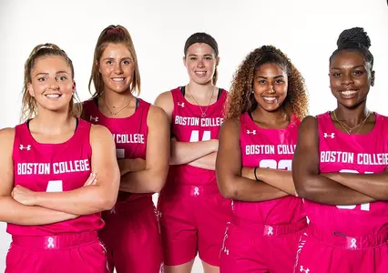 Taylor Ortlepp, Georgia Pineau, Emma Guy, Milan Bolden-Morris, Sydney Lowery pose in new uniforms, 2019-20.