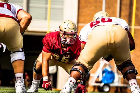 Luc Bequette takes part in a practice ahead of week one of the 2020 BC football season.