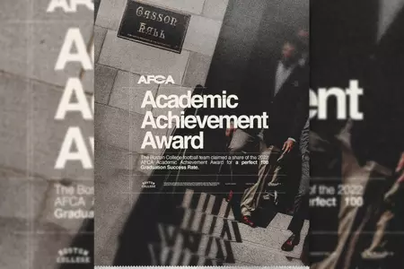 Graphic image recognizing BC's 2022 AFCA Academic Achievement Award ft. Gasson Hall and BC players during a pre-game Eagle Walk.