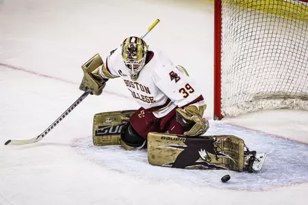 Abbey Levy makes a stop against Merrimack.