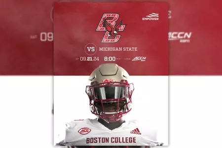 Graphic ft. BC player in visor with text "BC vs. Michigan State, Sept. 21, 2024, 8 pm., ACC Network".