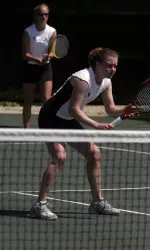 Emily Kirchem and Anne Andersen play doubles at the Mountain West Tournament last spring.