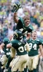 Bob Vomhoff and Chris Kawulok celebrate the Rams' 14-10 victory over CU in the 2006 Rocky Mountain Showdown